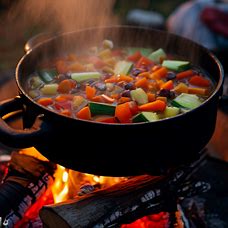 A hearty and healthy veggie soup bubbling away in a cast iron pot over a campfire.