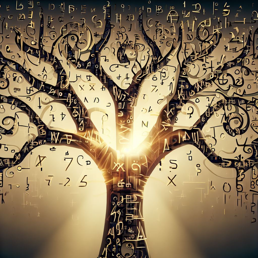An algebraic tree with intricate branches made up of letter, symbol and numbers that come to life when struck by sunlight.