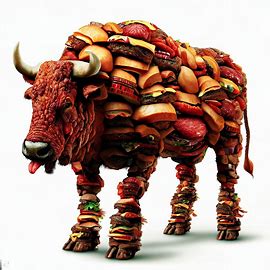 Create an image of a magnificent and monstrous cow made of burgers and steaks.. Image 3 of 4