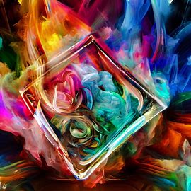 A colorful and artistic representation of a pack of cigarettes encased in a crystal ashtray, surrounded by swirling smoke.. Image 2 of 4