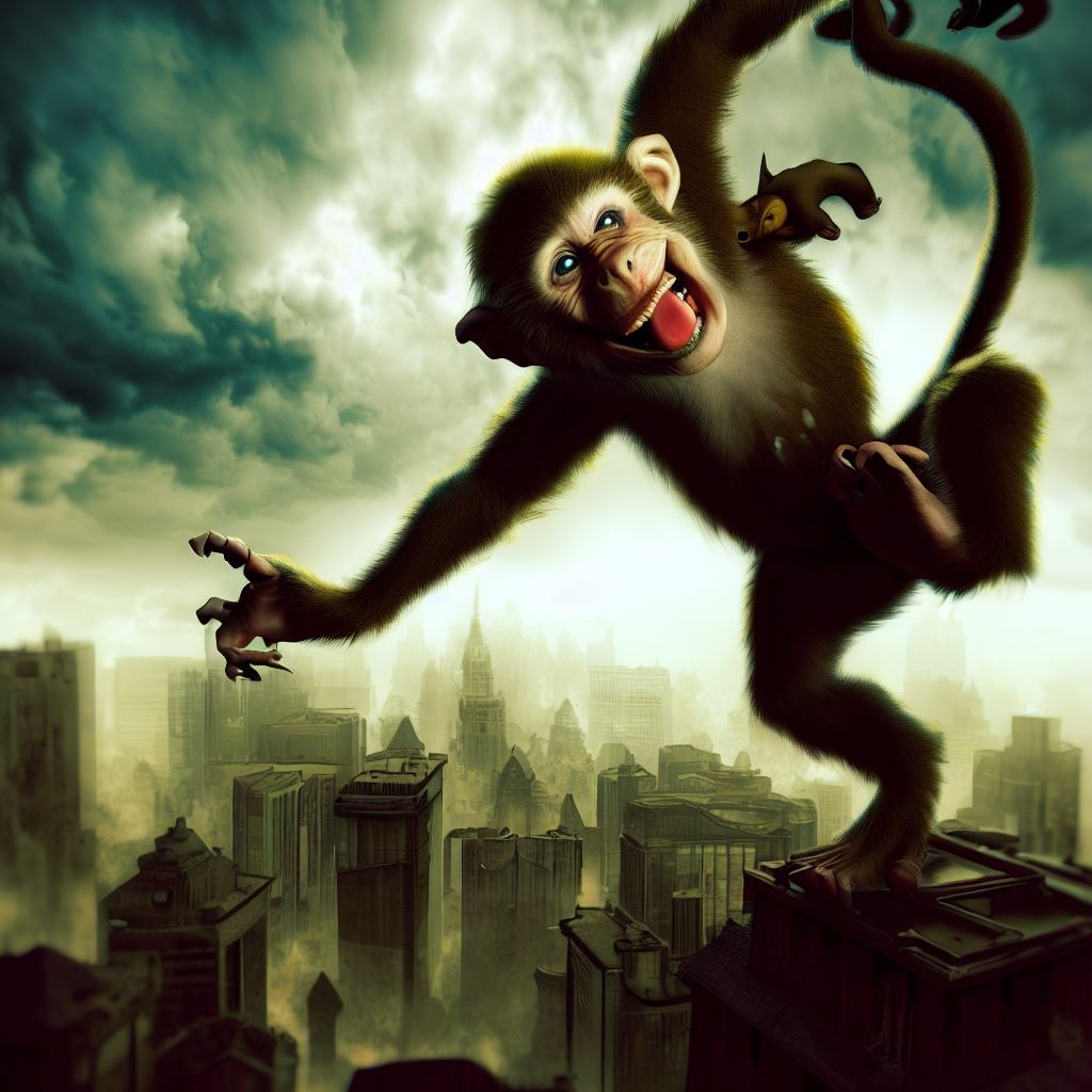 Create an image of a mischievous monkey causing hijinks in a cityscape.。第 4 个图像，共 4 个图像