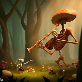 Create a whimsical scene featuring a giant humerus bone playing the violin in a forest of mushrooms.. Image 2 of 4