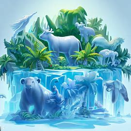 Illustrate a jungle island made entirely of ice with animals frozen in time.. Image 3 of 4