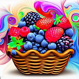 Create a whimsical and colorful image of a basket overflowing with juicy and ripe berries, including strawberries, blueberries, blackberries, and raspberries.. Image 1 of 4