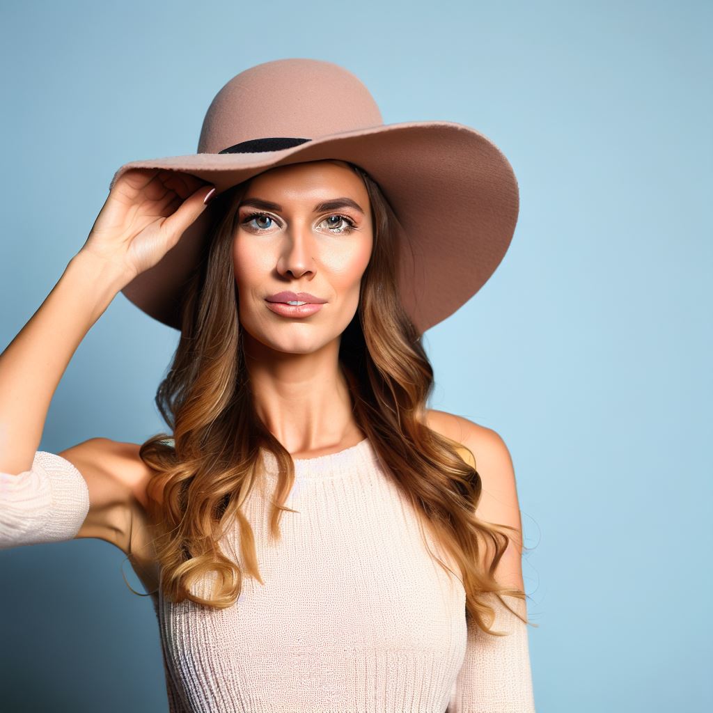 A less than sign that is a stylish hat on a fashionable woman"