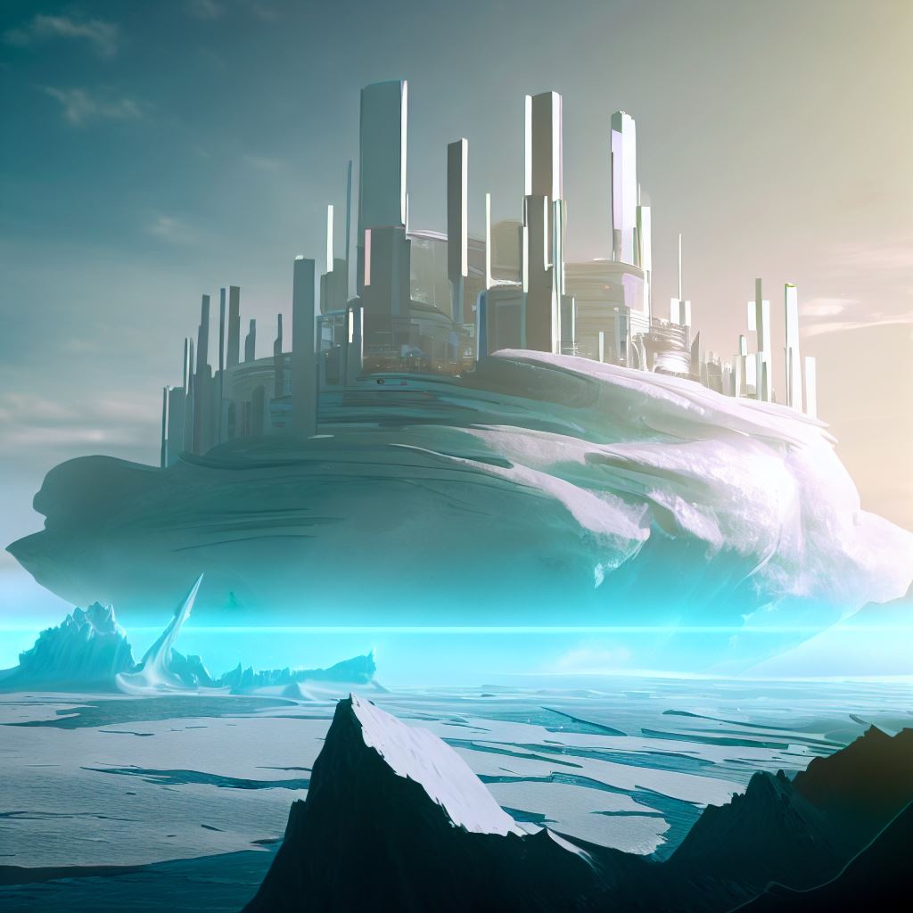 Visualize a futuristic city built on top of a massive iceberg.