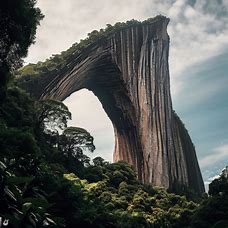 A majestic and towering rock formation that arcs into the sky, surrounded by lush greenery.