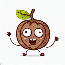 Draw a whimsical walnut with eyes, mouth, and arms that is smiling.