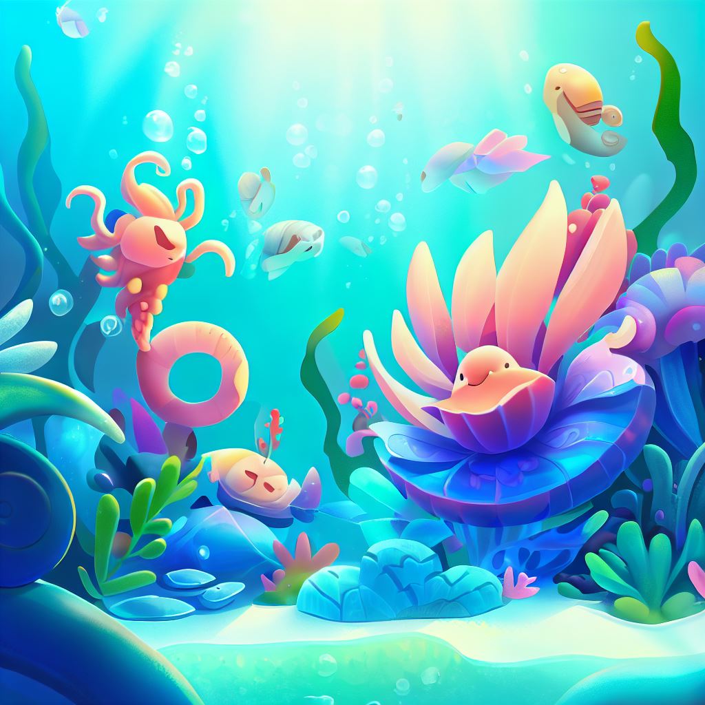 Design a serene and happy underwater environment with exotic sea creatures.