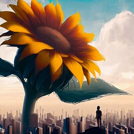 Imagine a giant sunflower towering over a cityscape, portraying hope and resilience.. Image 3 of 4
