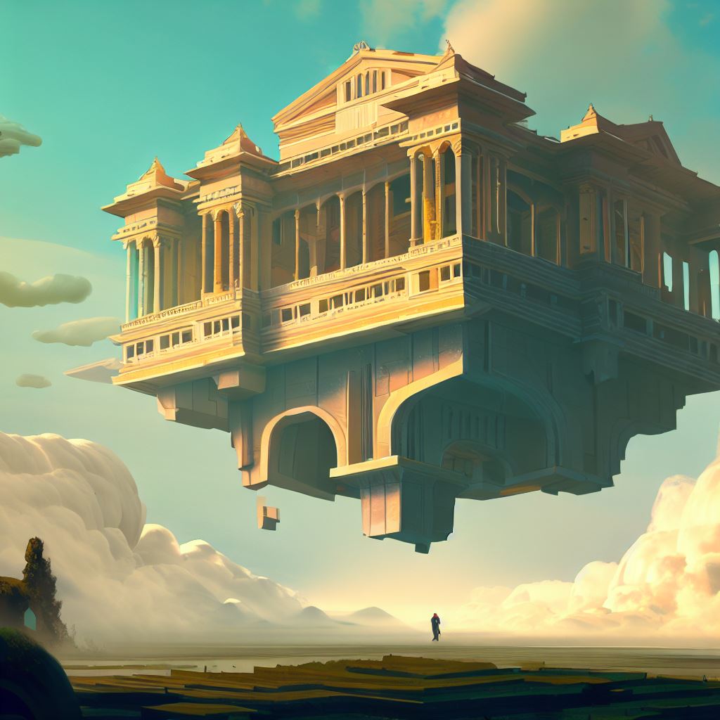 Create an imaginative and majestic building that floats in the sky.