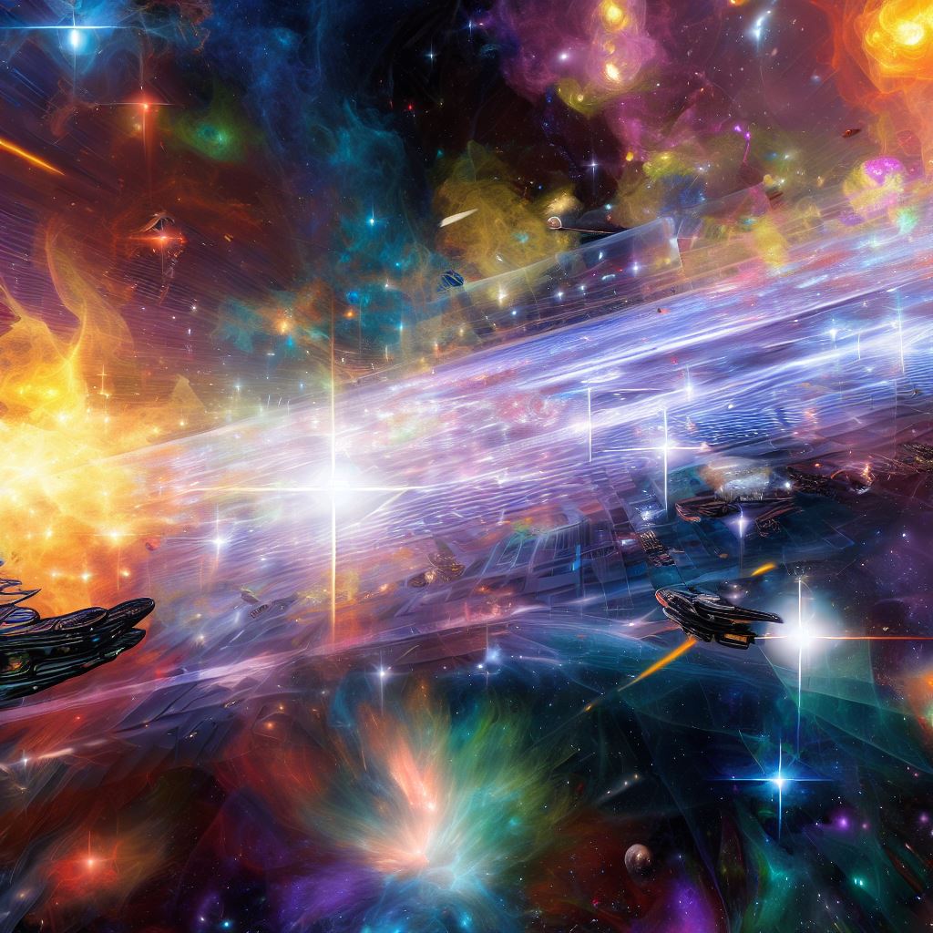 Form an image of a floating bowling alley in space, surrounded by stars and color bursts and with players in spacecrafts.