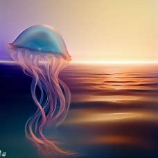 Create an image of a whimsical, translucent jellyfish floating peacefully in a sunset lit ocean.