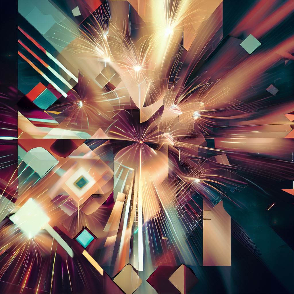 An abstract representation of fireworks using geometric shapes and designs.