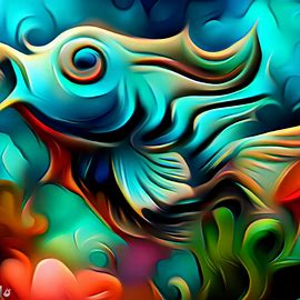 Create an image of a stylized cod fish in a vibrant coral reef.. Image 3 of 4