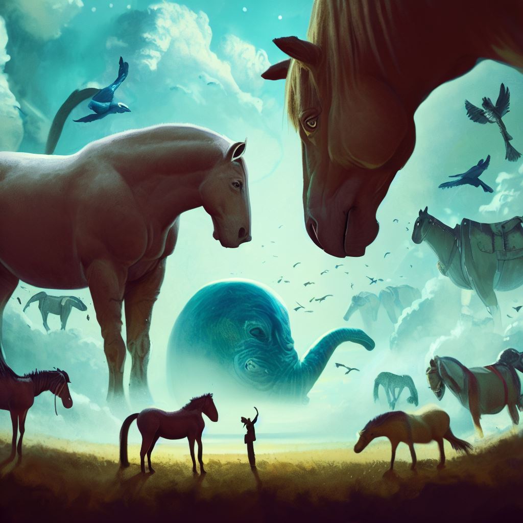 Draw a world where all animals are as big as horses。第 4 个图像，共 4 个图像