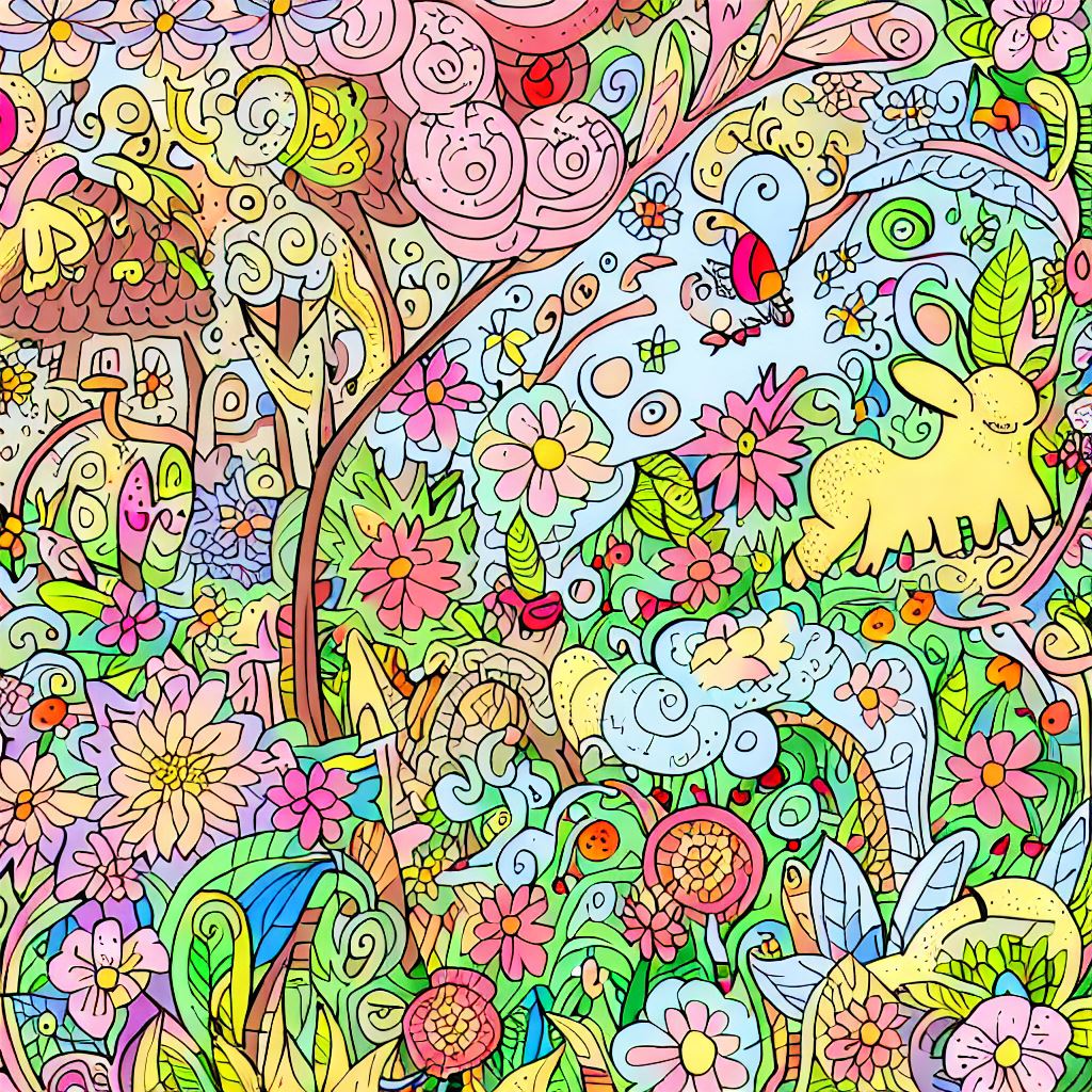 Doodle a whimsical and wonderful garden filled with colorful flowers and playful animals for a peaceful vacation.