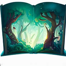 Create an enchanting, whimsical illustration of an enchanted forest inside a booklet.