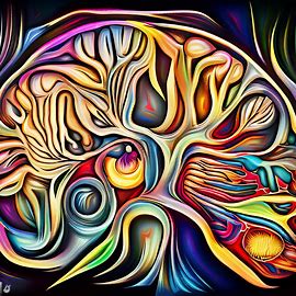 Create an intricate and detailed illustration of a cerebral cortex with its different sections and functions highlighted in vivid colors.. Image 3 of 4
