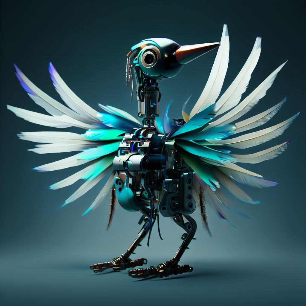 Create a robot that resembles a bird, with feathers and wings.
