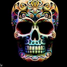 Create an image of a colorful and stylized skull with intricate floral designs carved into it.. Image 2 of 4