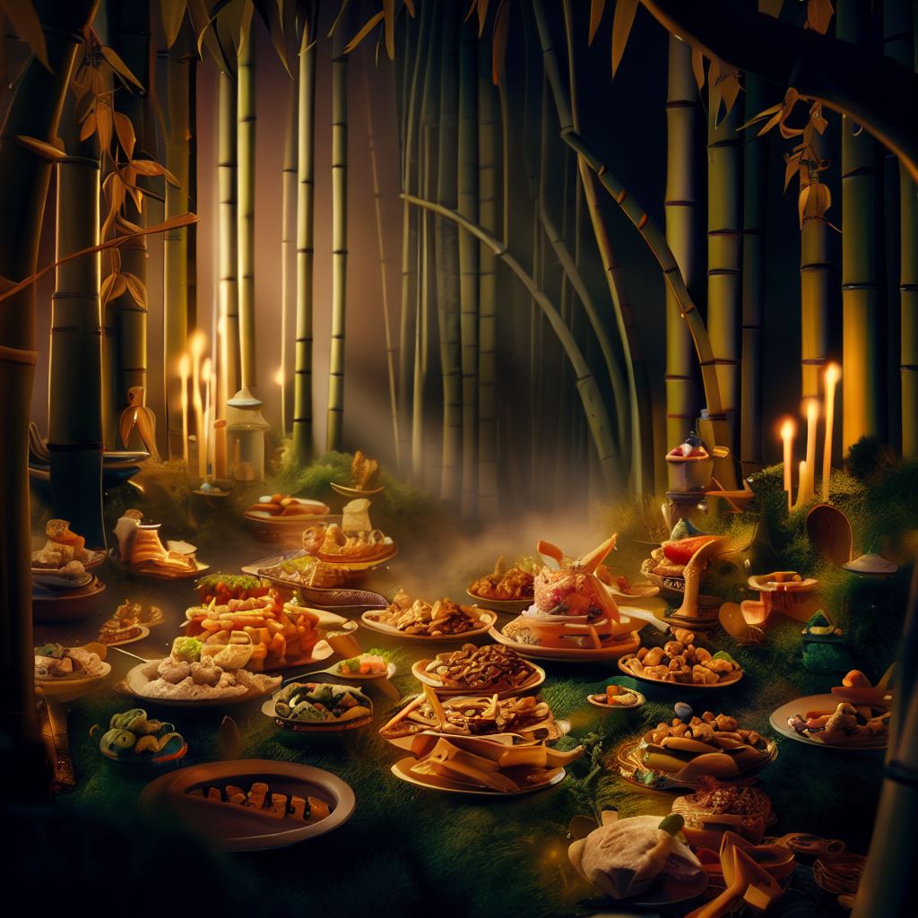 Create a fantastical representation of a bamboo forest filled with tasty Chinese dishes for a magical, enchanted feast.