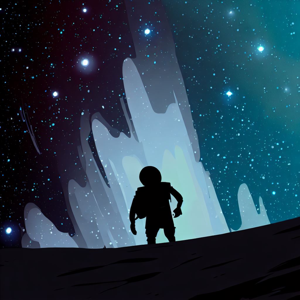 Design a starry scene featuring a silhouette of a space traveler exploring the night sky.