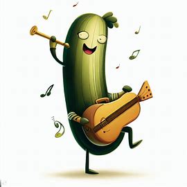 A whimsical illustration of a zucchini playing a musical instrument.. Image 2 of 4