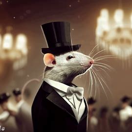 Imagine a society where rats are highly respected and kept as pets - create an image of a elegant and well-mannered rat attending a grand ball.. Image 2 of 4