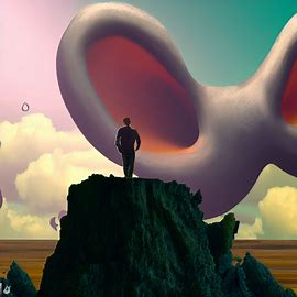 Create a surreal landscape where a giant ear is the centerpiece.. Image 3 of 4