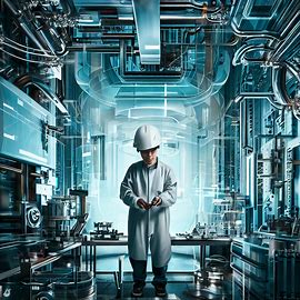 Create an image of an engineer working in a futuristic laboratory surrounded by high-tech equipment. Image 3 of 4