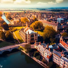 Create a stunning aerial view of Cambridge, UK with its iconic buildings and river. Image 1 of 4