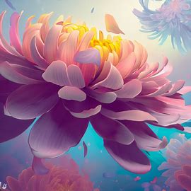 In a whimsical underwater world, design a majestic chrysanthemum with floating petals in various shades of pink, yellow, and purple.. Image 2 of 4