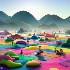 Visualize a scene where a group of people picnic and play on a large mats of colorful and creatively shaped algae.