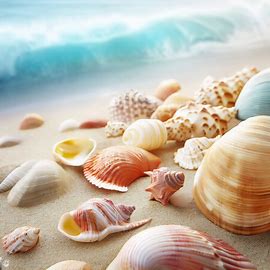 Create an ocean scene with a variety of beautifully decorated shells scattered across the sandy beach.. Image 1 of 4