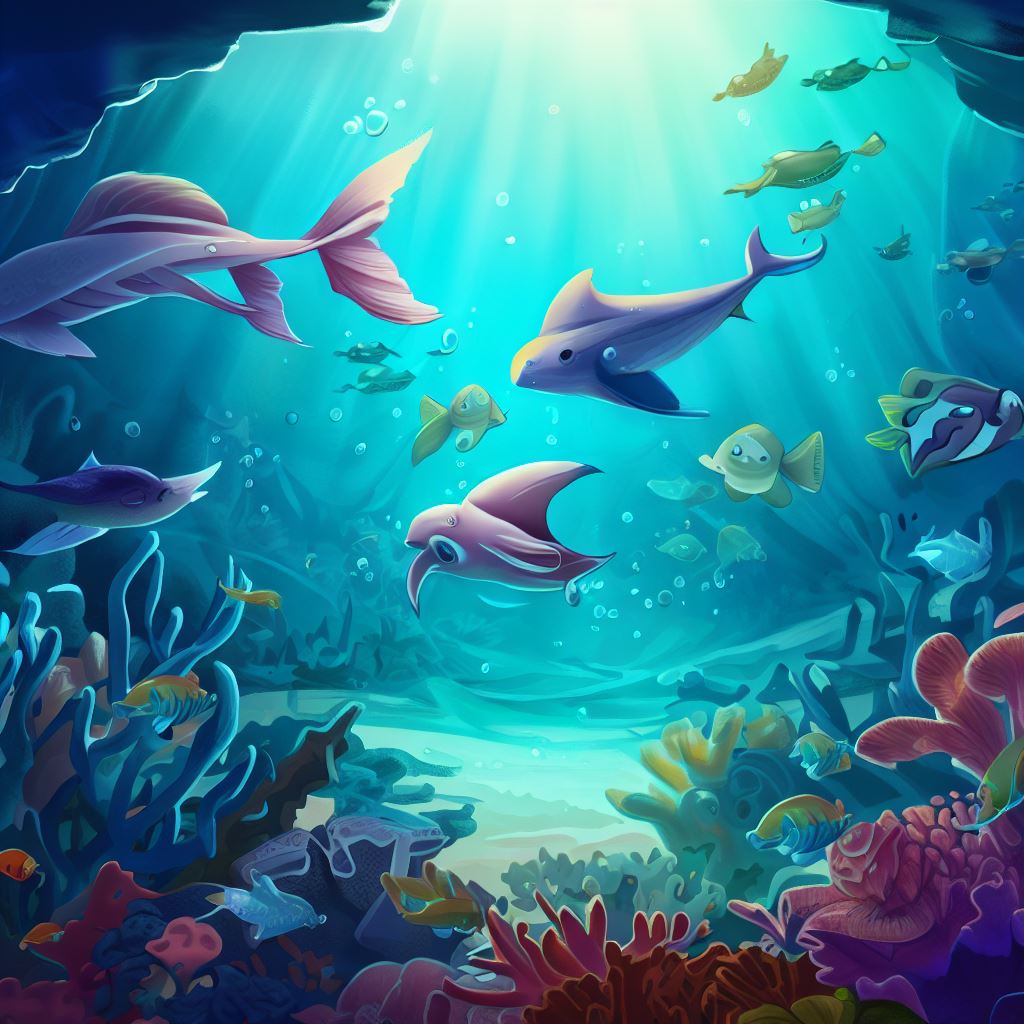 Design an underwater scene with a variety of sea creatures swimming in harmony