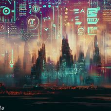 Create a futuristic cityscape with a mix of traditional and digital pictographs.