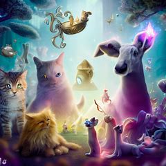 Create a surreal and whimsical scene featuring different types of pets in a magical world.