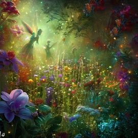 Create an image of a magical garden filled with vibrant herbs, fairies, and glistening dew.. Image 3 of 4