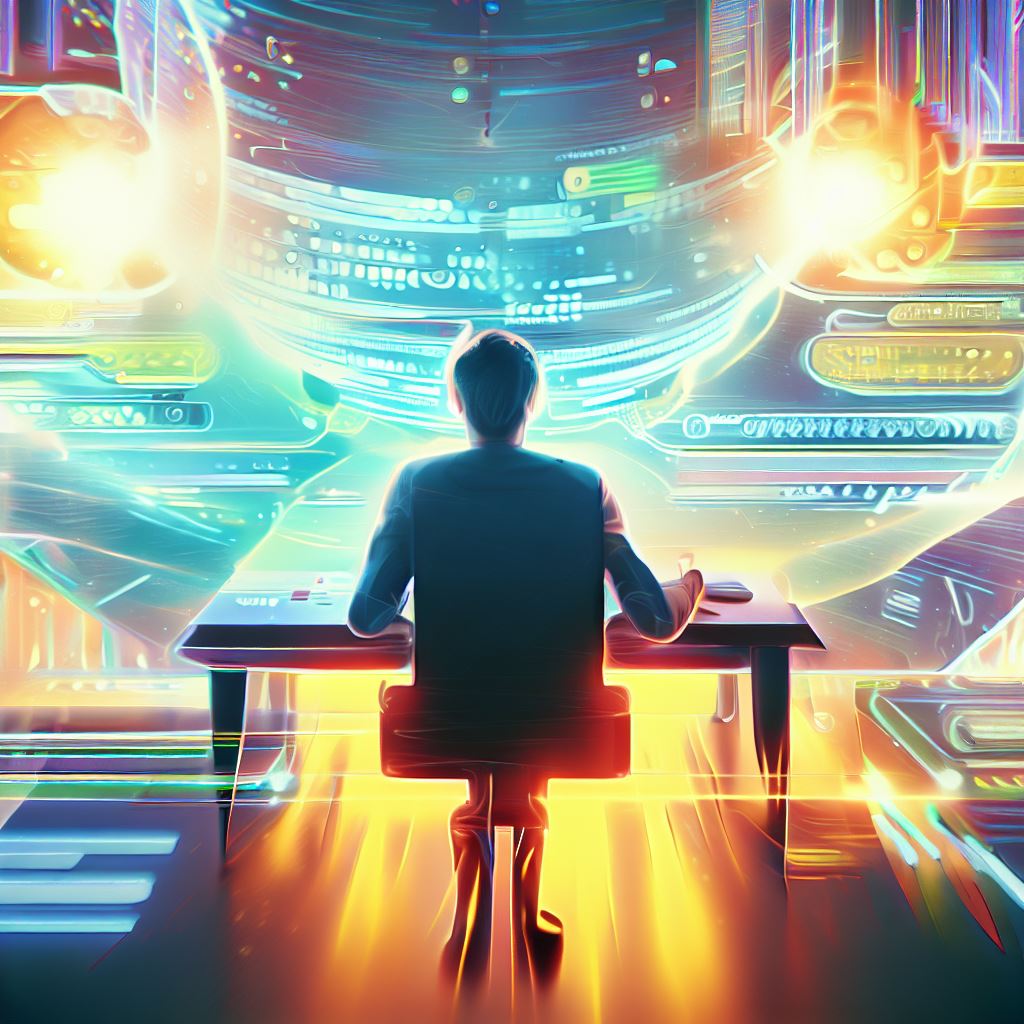 Create an imaginative illustration of a futuristic office where a business executive sits at a desk, summarizing complex information into a visually stunning report.