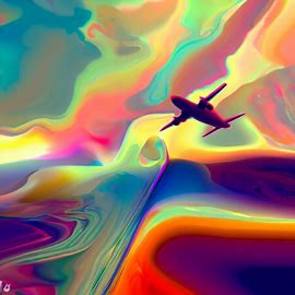 Generate an image of an aircraft flying through a colorful, abstract landscape.. Image 3 of 4