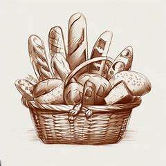 Sketch a picture of a basket filled with different types of bread.