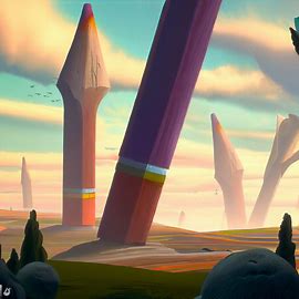 A whimsical and mythical landscape, where giant pencils write beautiful poems in the sky. Image 4 of 4