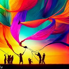 Create an image of a group of people playing with and controlling giant yarn-made kites in the sky, each kite in a different vibrant color.