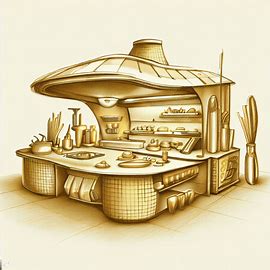 Draw an innovative and futuristic kitchen in which all the utensils are made from corn.. Image 1 of 4