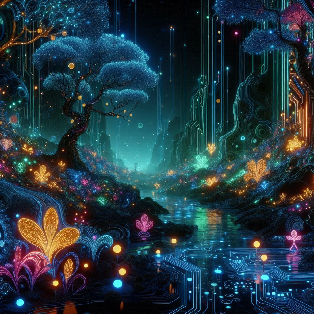 A neon-lit jungle with glowing flora and fauna, where the trees are circuit boards and the rivers flow with liquid light