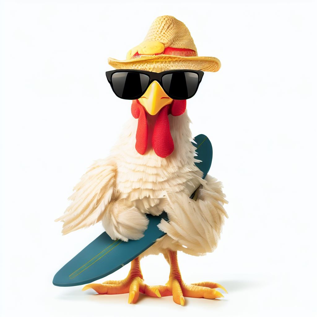 Conjure up an outfit for a chicken that's ready for a day at the beach, complete with beach hat, shades, and a surfboard.