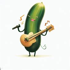 A whimsical illustration of a zucchini playing a musical instrument.