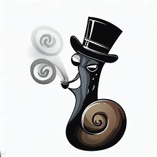 Create an image of a stylized snail sporting a top hat that is blowing smoke from a cigarette.