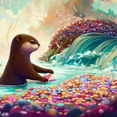 Picture a whimsical otter, swimming in a river filled with piles of colorful candy pieces.